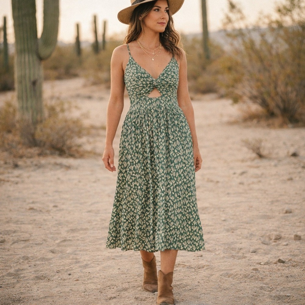 Angie Green Cactus‎ Print Midi Dress Twist Front Cutout Boho Desert Western M